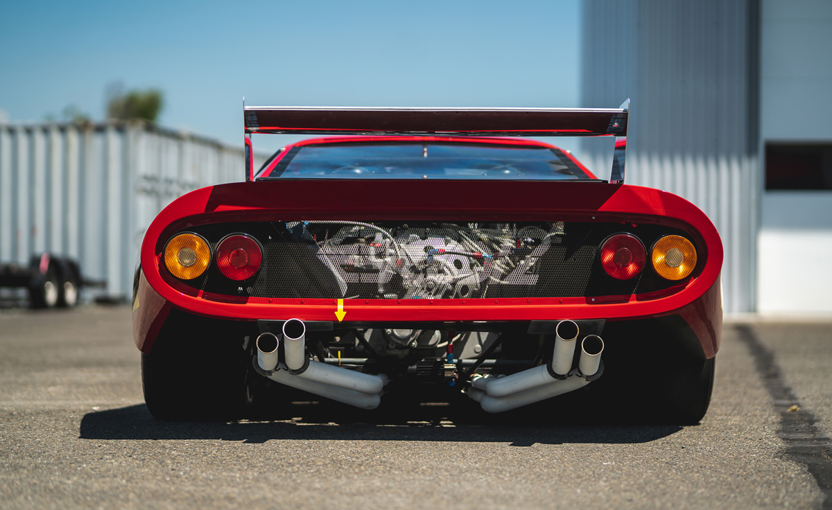 Exhaust pipes of 1979 Ferrari 512 BB/LM ‘Silhouette’ by Pininfarina offered at RM Sotheby's Monterey live auction 2022