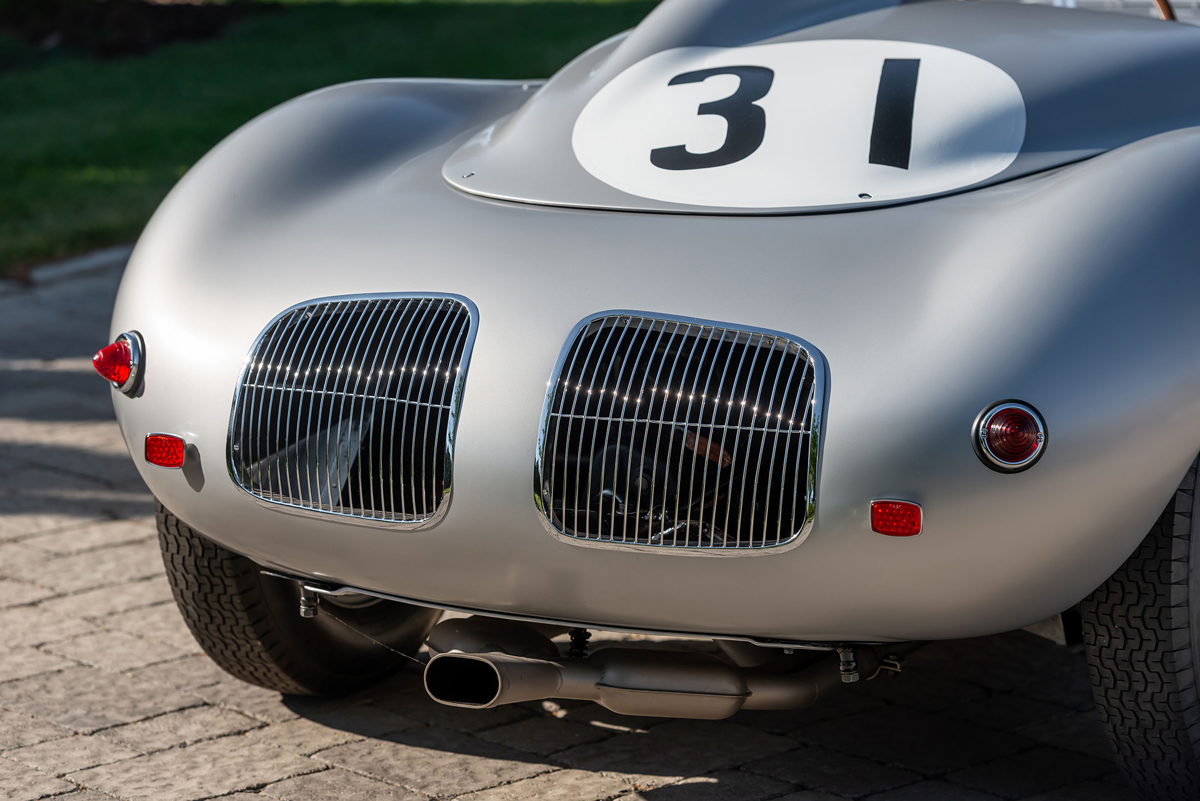 Rear of 1959 Porsche 718 RSK Werks Spyder offered at RM Sotheby's Monterey live auction 2022